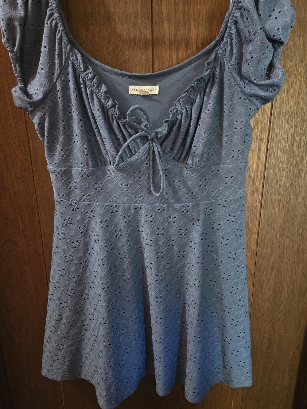 Aeropostale Dusty Blue Eyelet Scoop-Neck Tie-Front Mini Dress
